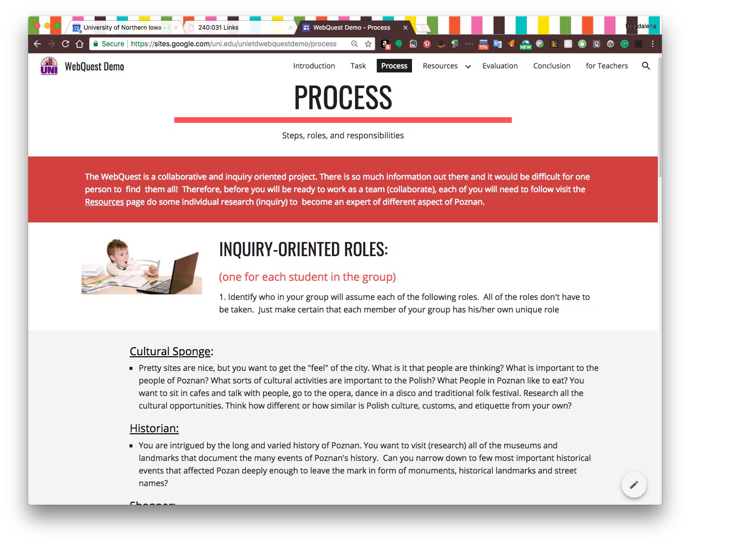 screenshot of WebQuest webpage